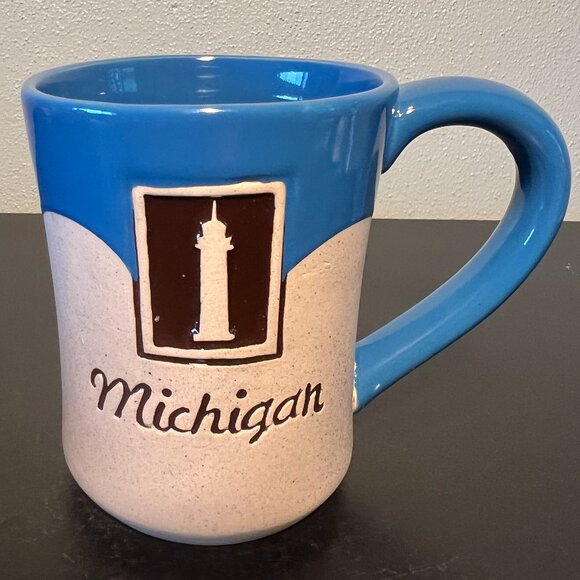 Michigan Lighthouse Embossed Souvenir Pottery Mug ~ Unglazed & Glossy Blue Glaze - Picture 1 of 8